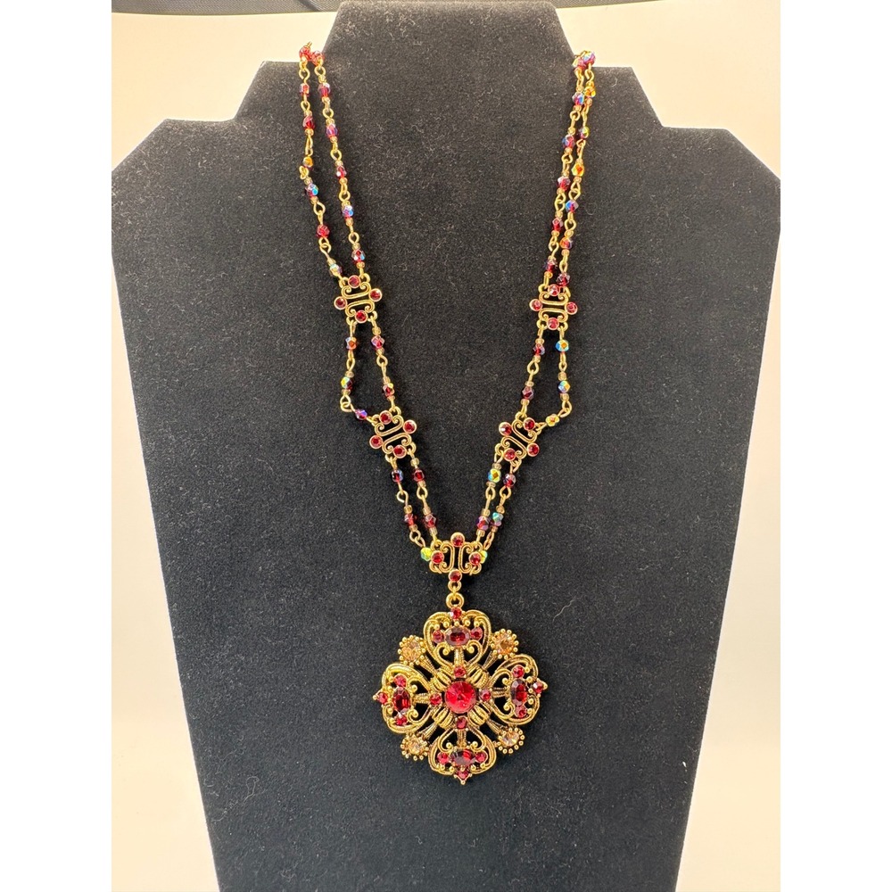Avon Maltese Cross Festoon Vintage Necklace Ruby Red Rhinestone Gold Tone 15-18"